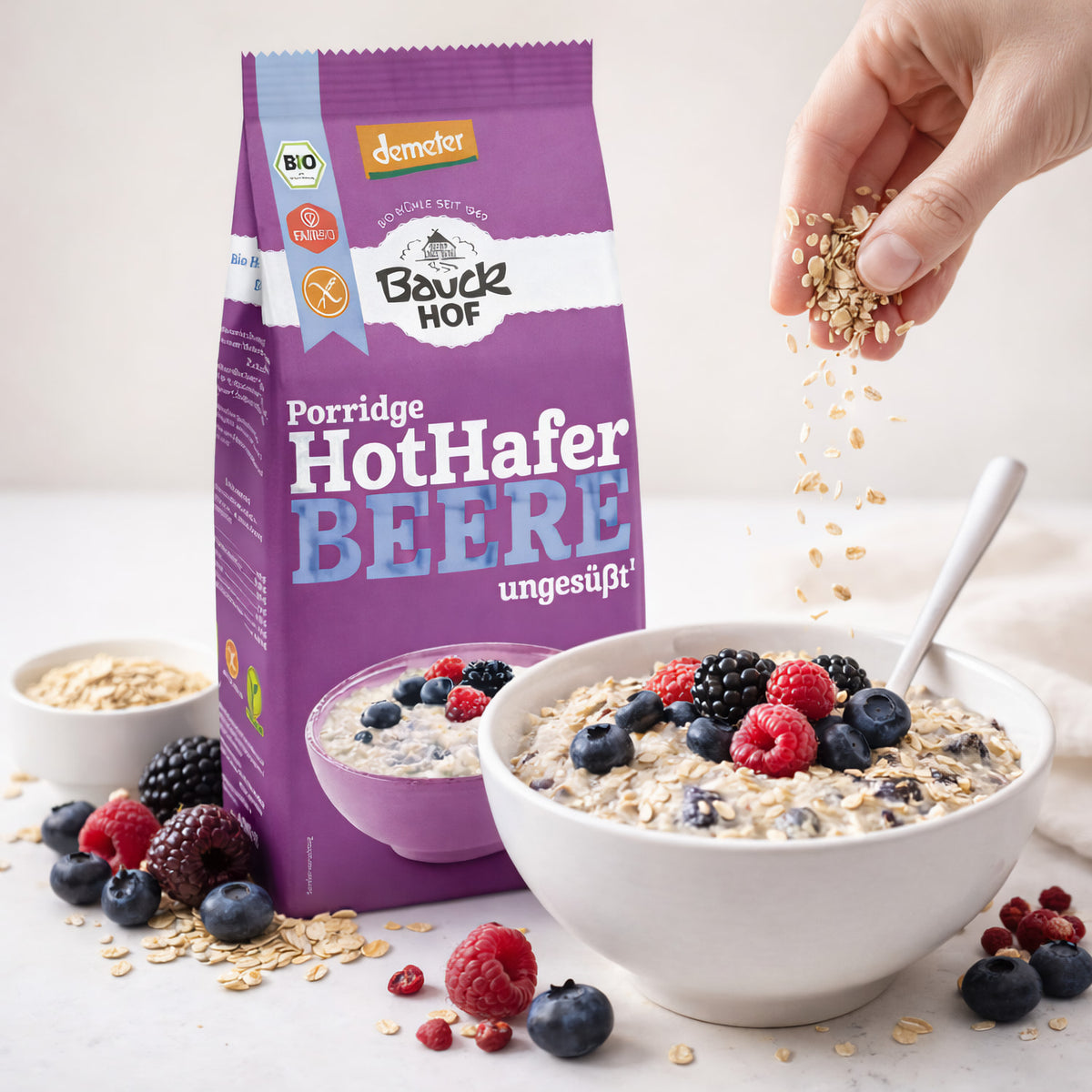 Bauckhof Bio Hot Hafer Beere glutenfreies Frühstück, Demeter, ab 400g, mit fruchtigem Hafer und Beeren, naturnah und gesund
