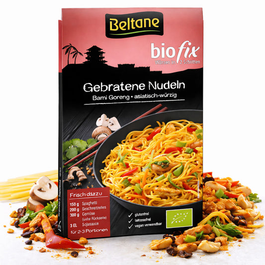 Beltane Biofix gebratene Nudeln, 5 Packungen à 15,90g, in einer Schüssel mit Kochzutaten, frisches und natürliches Gericht