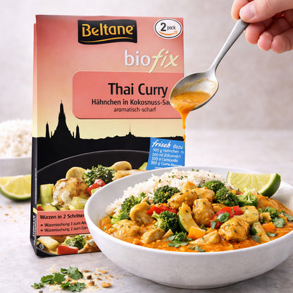 Beltane Biofix Thai Curry Gewürzmischung in 2x 20,9g Packungen, für authentisches Kochen, close-up der Verpackung