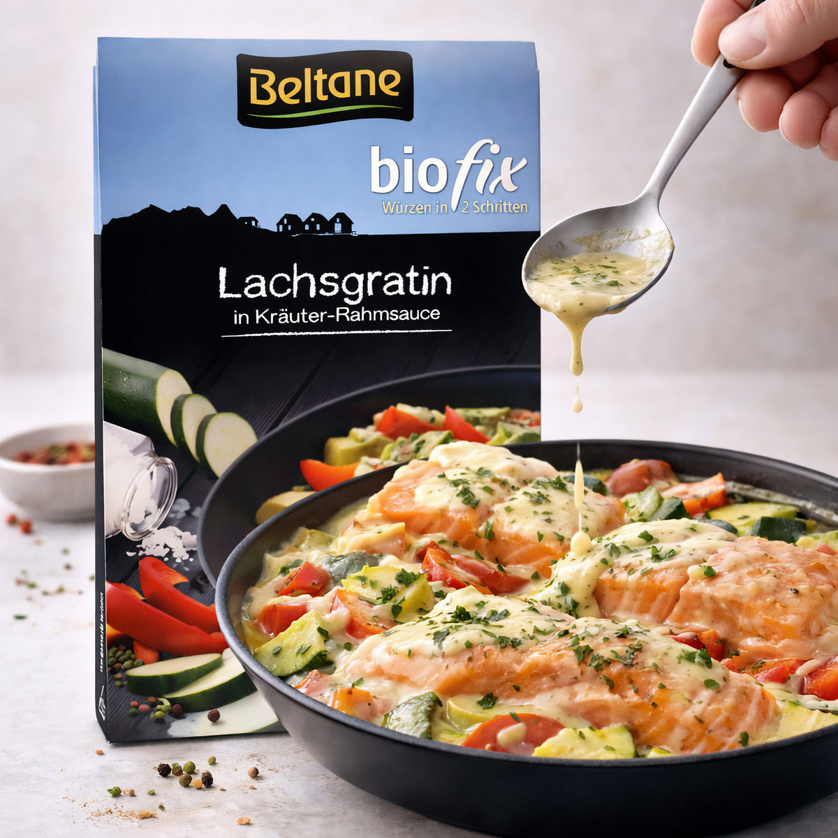 Beltane Bio Fix für Lachsgratin, 20g, in einer Küchenumgebung, zum Kochen geeignet, natürliche Bio-Zutaten.