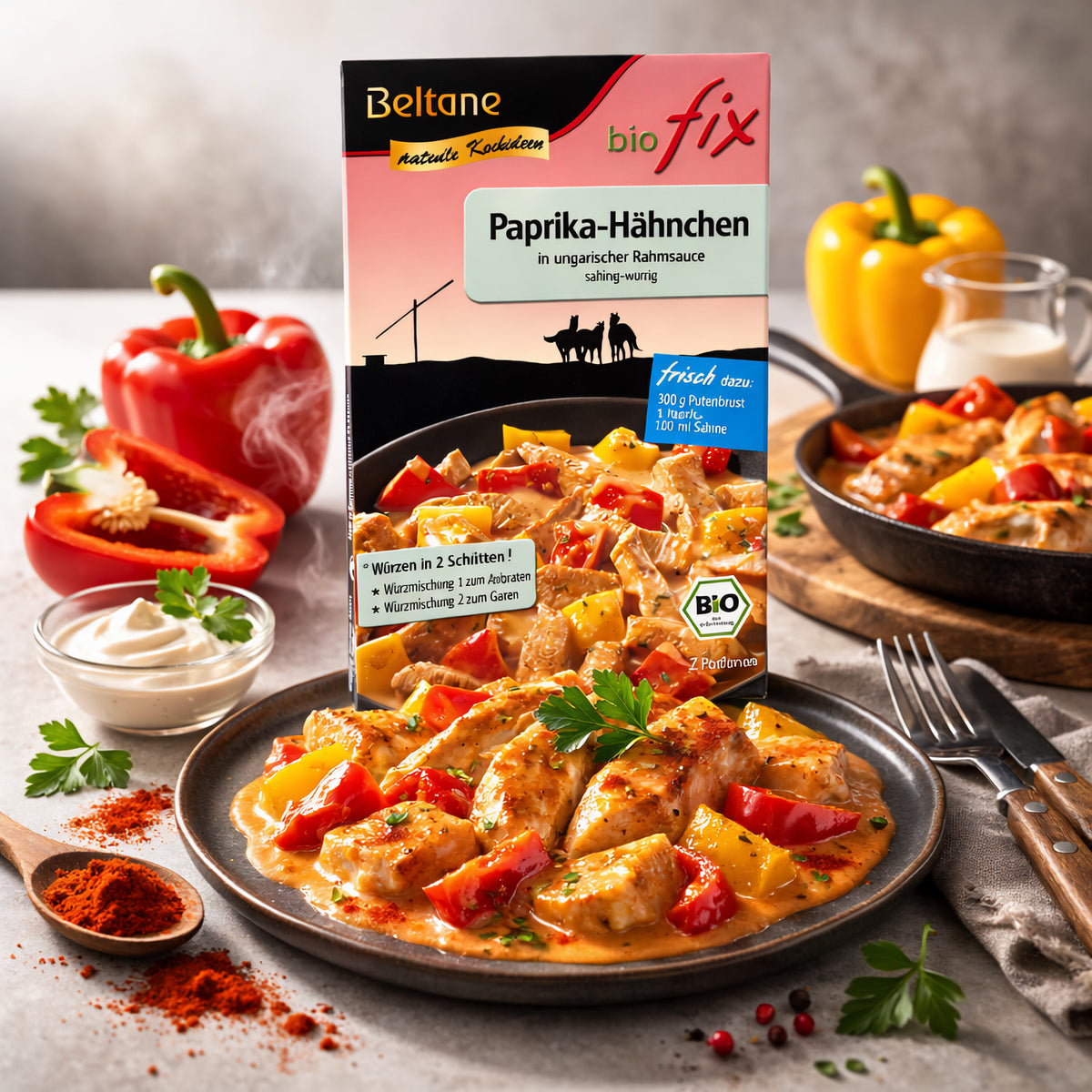 Beltane Biofix Paprika Hähnchen, frisch zubereitet, auf einem Teller mit Paprikastreifen und Beilagen, in der Küche.