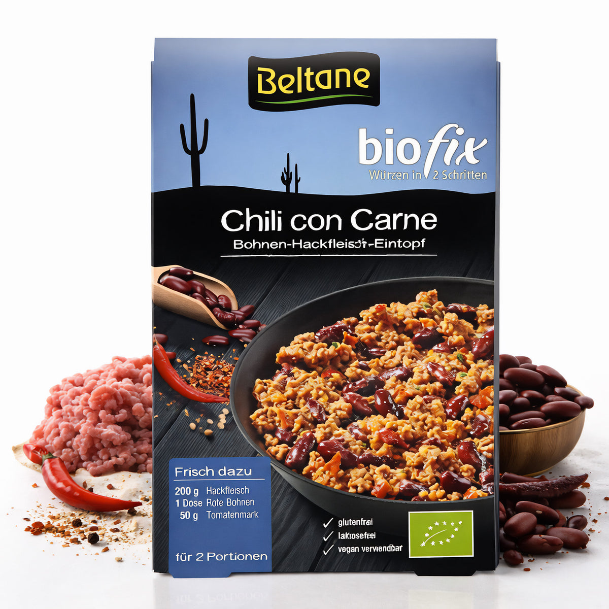 Beltane Biofix Chili con Carne Kochen, 28g, zeigt eine Schüssel mit würzigem Chili con Carne und frischen Zutaten.