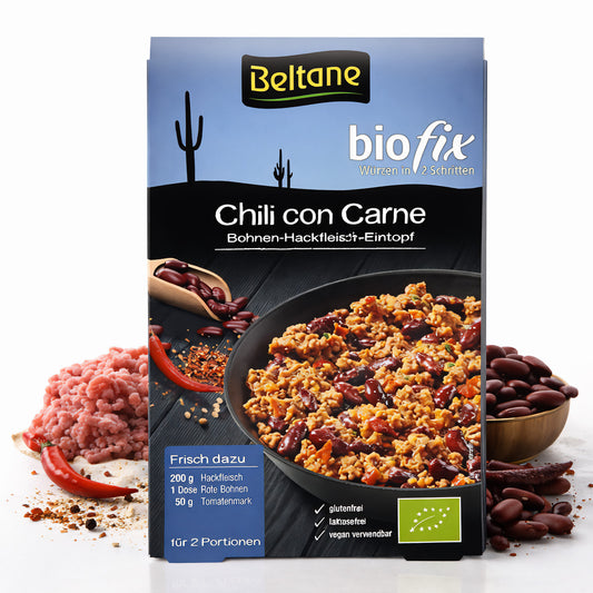 Beltane Biofix Chili con Carne Kochen, 28g, zeigt eine Schüssel mit würzigem Chili con Carne und frischen Zutaten.