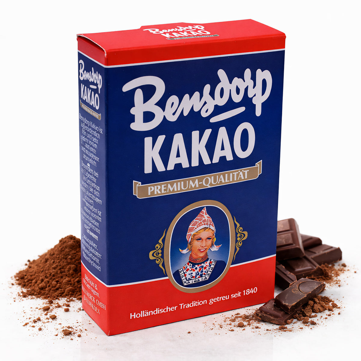 Bensdorp Kakao Kakaopulver 250g Packung mit Kakaopulver und Schokoladenstücken auf weißem Hintergrund.
