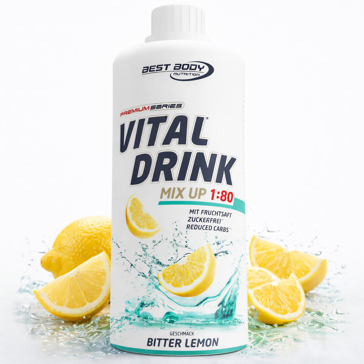 Best Body Nutrition Vitaldrink Bitter Lemon mit Zitronenscheiben und Wasser, Flasche von vorne, Zitronenstücke im Spritzwasser.