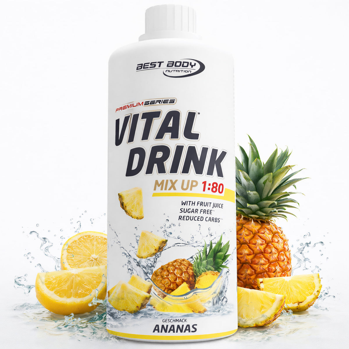 Vital Drink Ananas von Best Body Nutrition, Flasche von vorne, Ananas und Zitronenstücke im Wasser-Splash arrangiert.