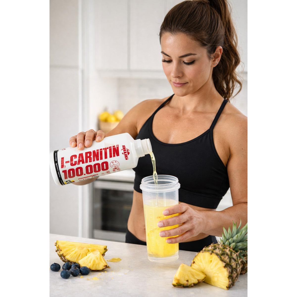 L-Carnitin BodyworldGroup in flüssiger Ananas-Geschmacksrichtung, 1000 ml, für Fettverbrennung und Energie.