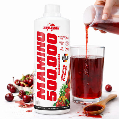 Amino Liquid BWG Cherry Kick in einer 1000ml Flasche, aromatischer Nahrungsergänzung auf Aminosäurebasis von BodyworldGroup