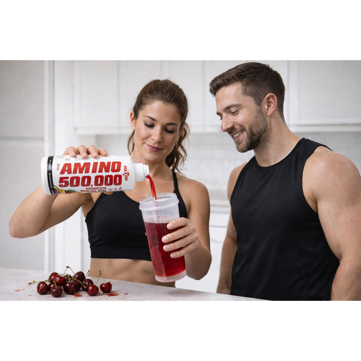 Amino Liquid BodyworldGroup BWG Cherry Kick in 1000ml Flasche, flüssiges Aminosäure-Produkt mit Kirschgeschmack