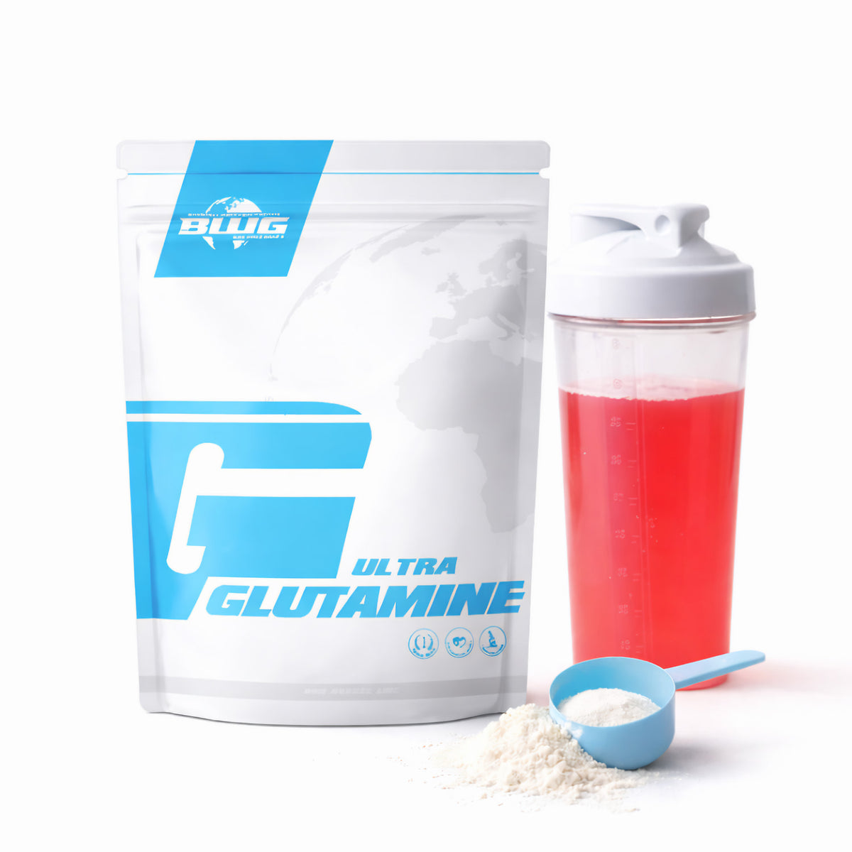 BWG Ultra L-Glutamin mit Vitamin B6 Beutel, sichtbarer Beutelinhalt, für Muskelregeneration, von BodyworldGroup