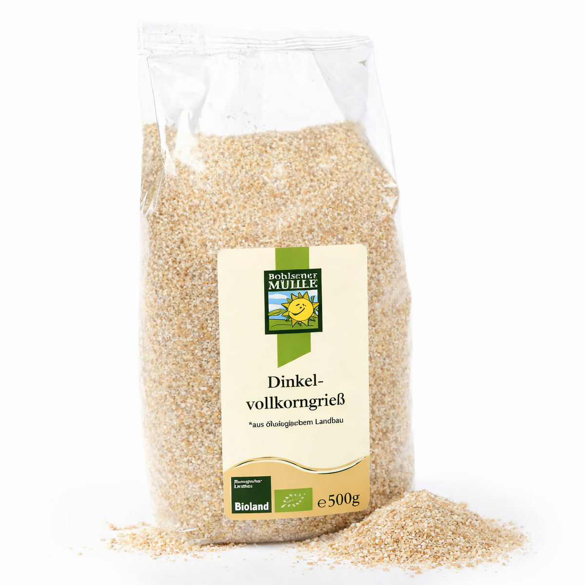 Bio Dinkelvollkorngrieß von Bohlsener Mühle, zum Kochen geeignet, in einer Packung auf einem Küchenhintergrund sichtbar.