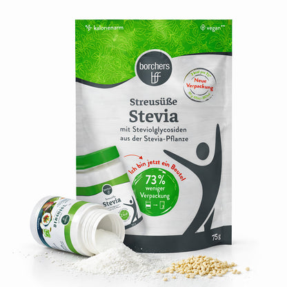 borchers stevia streusüße in geöffneter Dose mit ausgeschüttetem süßungsmittel und Verpackungsbeutel, daneben steviakörner auf weißem Untergrund.