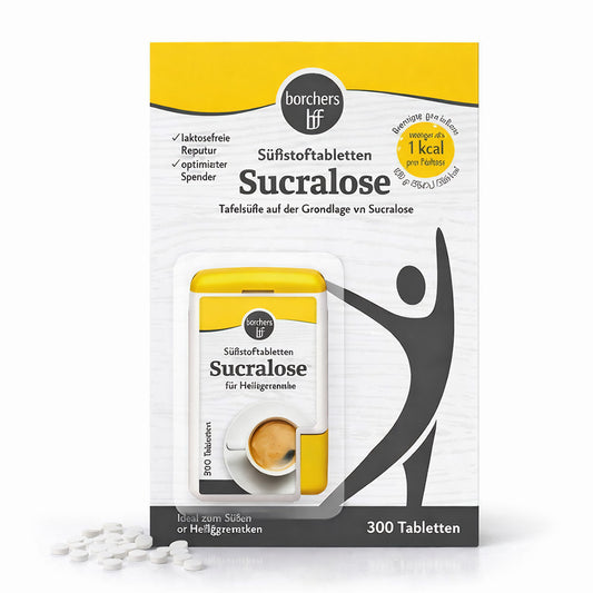 Borchers Sucralose Süßungstabletten für Tee, 300 Stück, kalorienarme Süßungsmittel, in einer transparenten Packung sichtbar