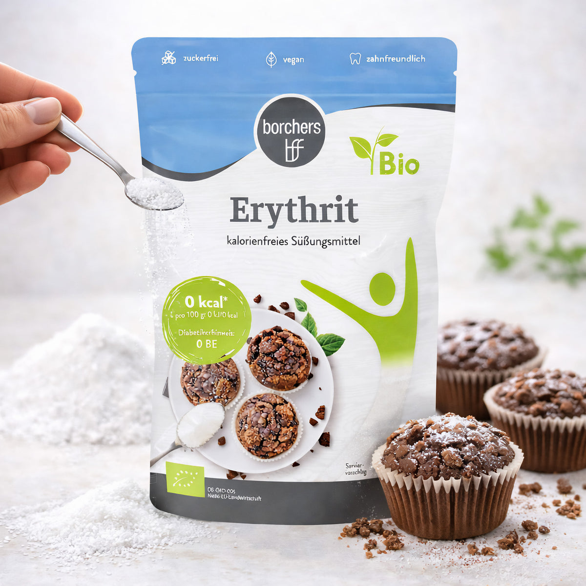 Bio Erythrit von Borchers, 300g Packung, ideal zum Backen, zeigt die weiße Kristallstruktur des Zuckeraustauschstoffs