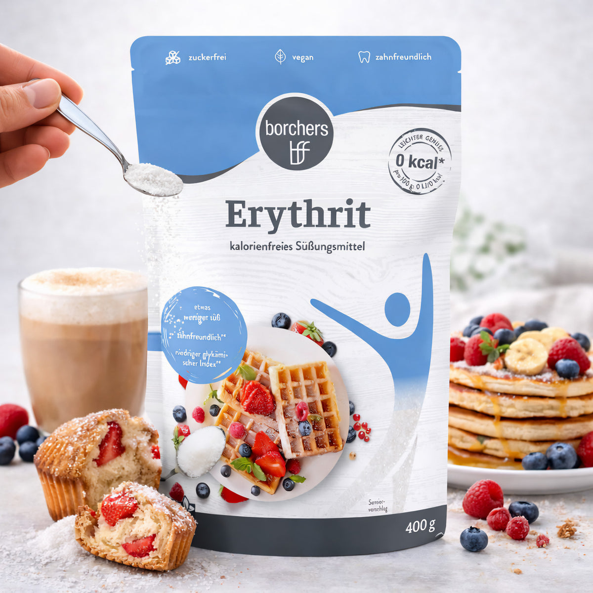 Borchers Erythrit 100 % Süßungsmittel, Frühstücksprodukt, 400g Packung, natürliche Zuckeralternative, in einer Packung sichtbar