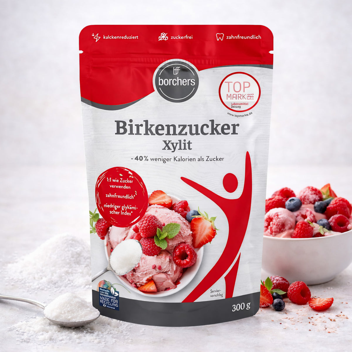 Borchers Birkenzucker Xylit für Frühstück, 300g Packung, natürliche Zuckeralternative in einer weißen Verpackung