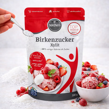 Borchers Birkenzucker Xylit für Frühstück, ab 300g, in einem Glasbehälter, natürliche Süße aus Birkenholz