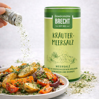 Brecht Kräuter-Meersalz in einer Dose, ideal zum Backen, mit Kräutern und Meersalz, sichtbar in der Verpackung.