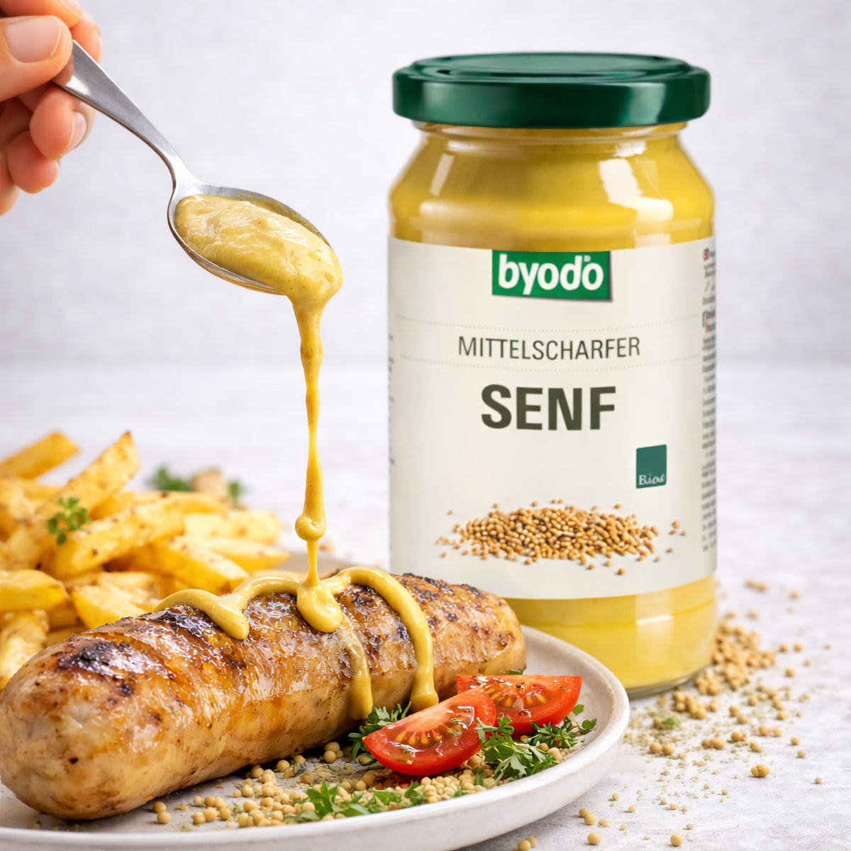 byodo mittelscharfer Senf wird mit einem Löffel auf eine Bratwurst aufgetragen, im Hintergrund Pommes, Tomaten und Kräuter auf einem Teller.