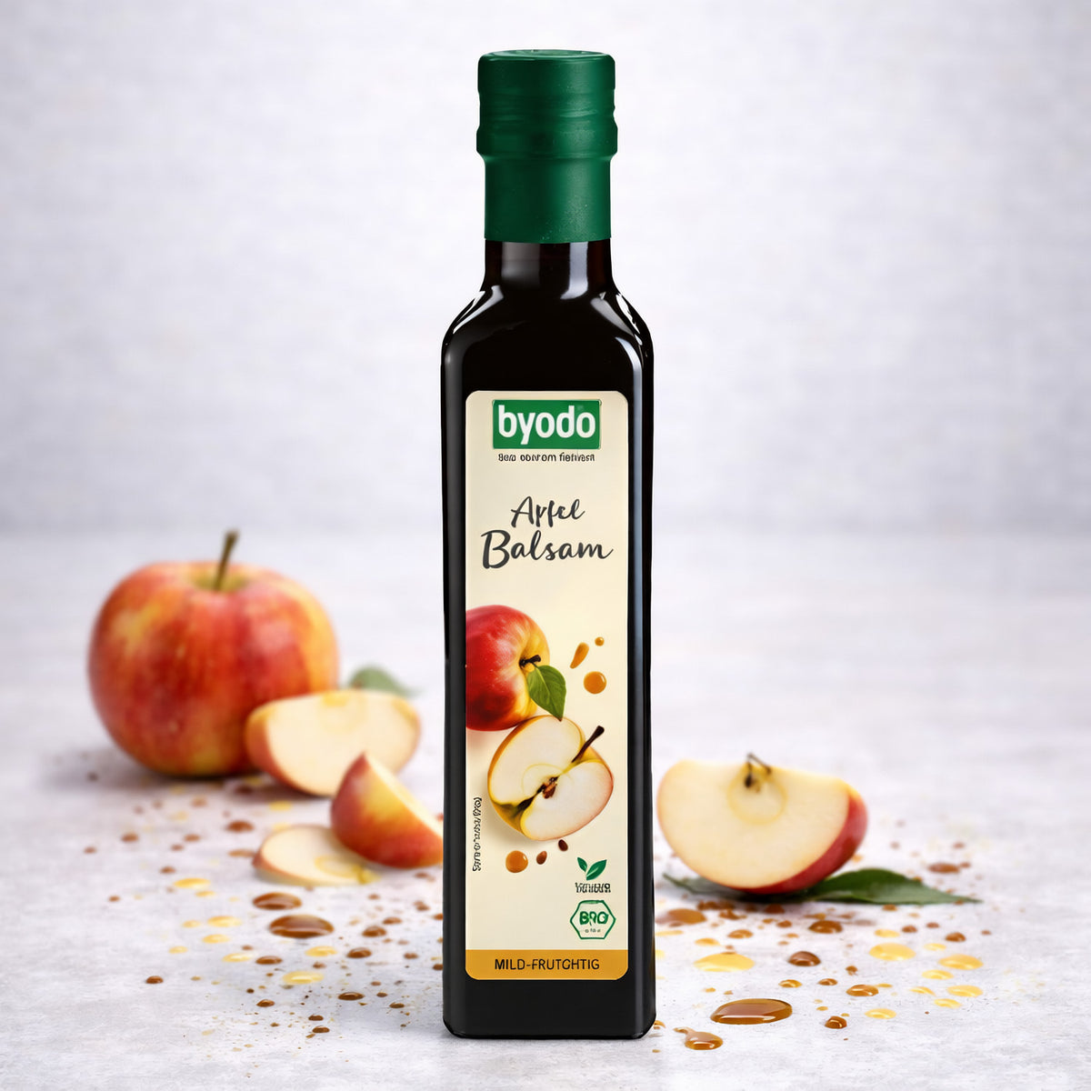 Bio Apfel-Balsam von Byodo, Kochzutat, dunkle Flasche mit goldener Beschriftung, ideal zum Verfeinern von Gerichten.