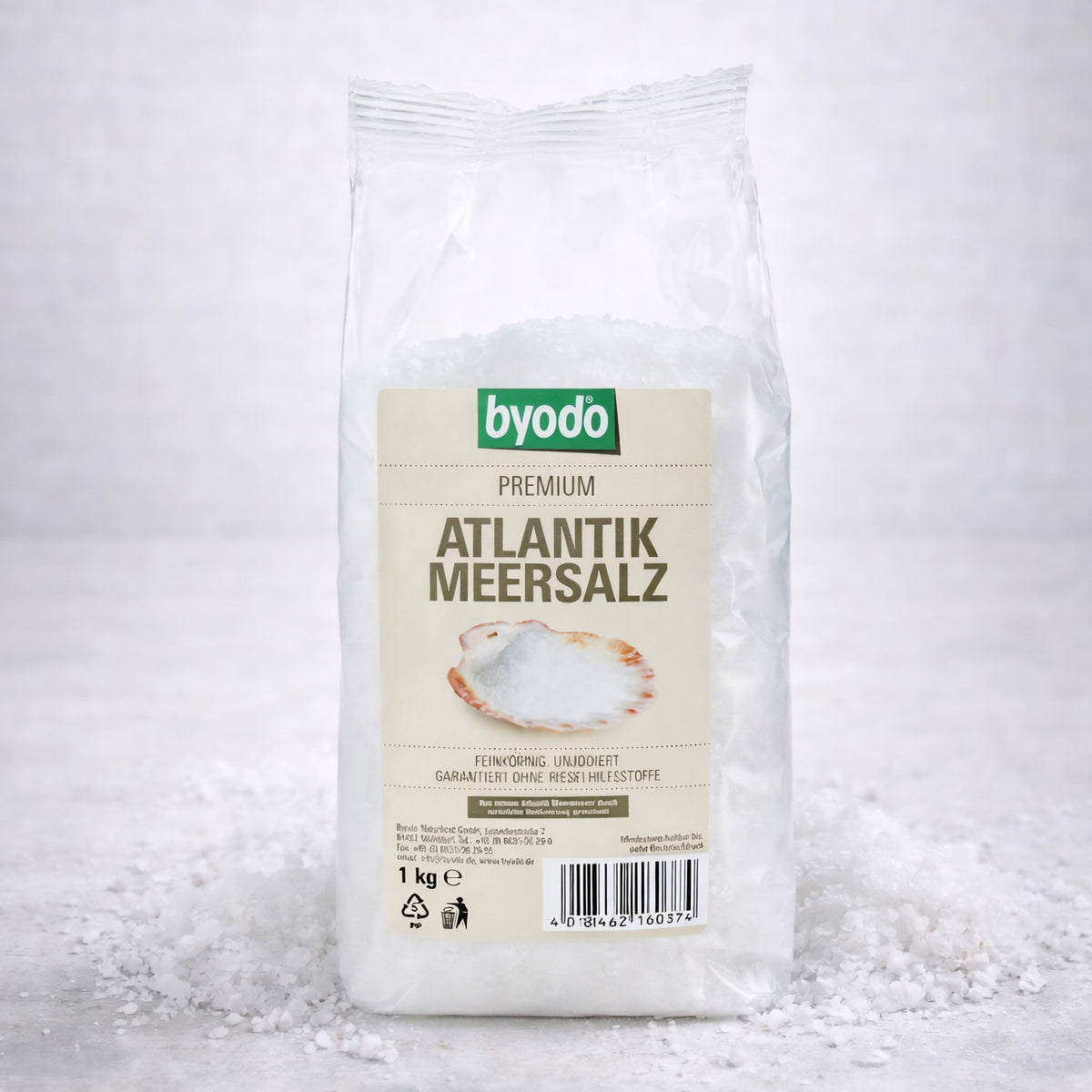 Feines Atlantik-Meersalz von Byodo in einem 1000g Beutel, ideal zum Kochen und Würzen in der Küche.
