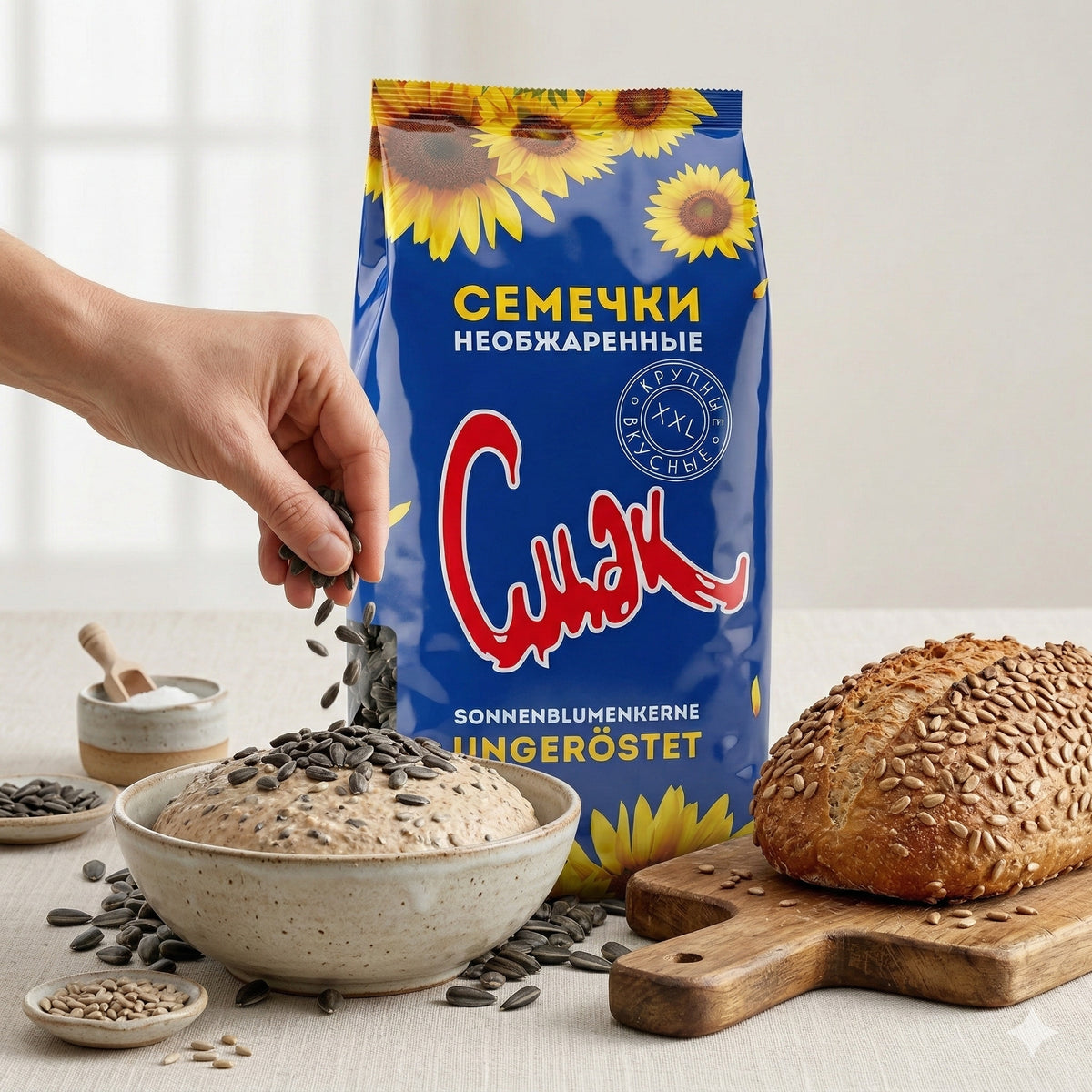 Dovgan Cmak Sonnenblumenkerne, Snack, 5 kg, geröstet und knackig, in einer transparenten Verpackung.