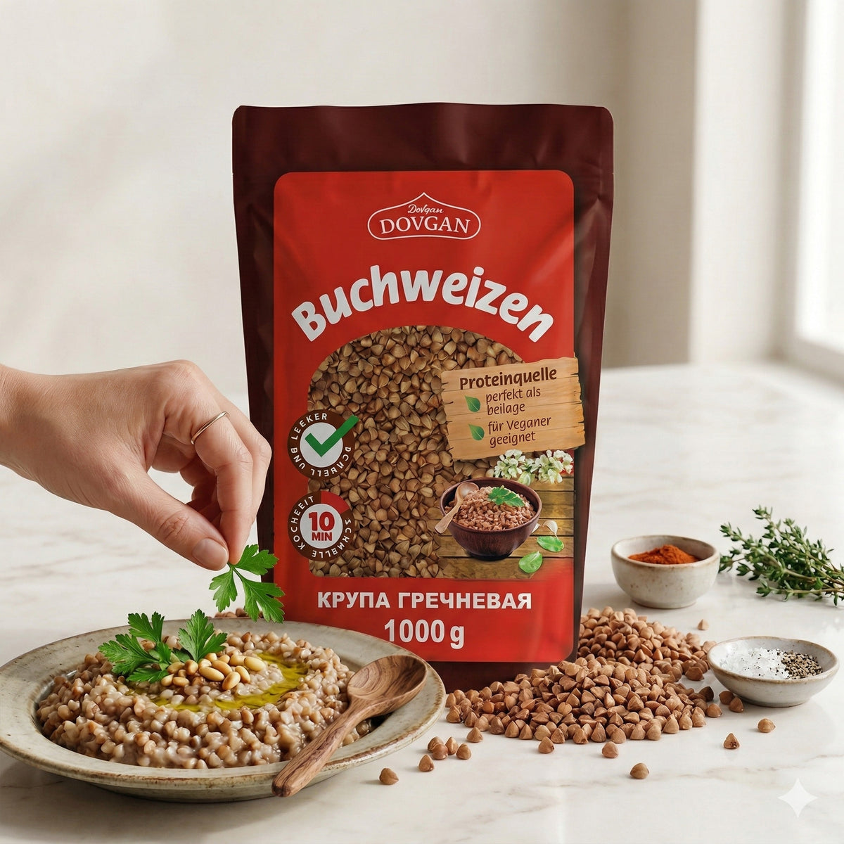 Dovgan Buchweizen, 1kg, roher, dunkler Buchweizen für Kochen in einer Schüssel auf weißem Hintergrund