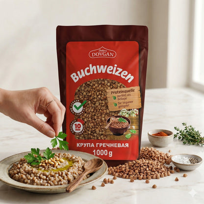 Dovgan Buchweizen, 1kg, roher, dunkler Buchweizen für Kochen in einer Schüssel auf weißem Hintergrund