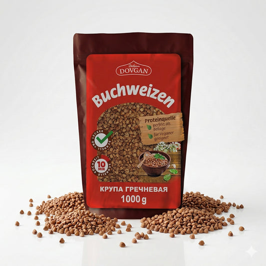 Dovgan Buchweizen 1kg für Kochen, Nahaufnahme der getrockneten Buchweizenkerne in einer Schüssel