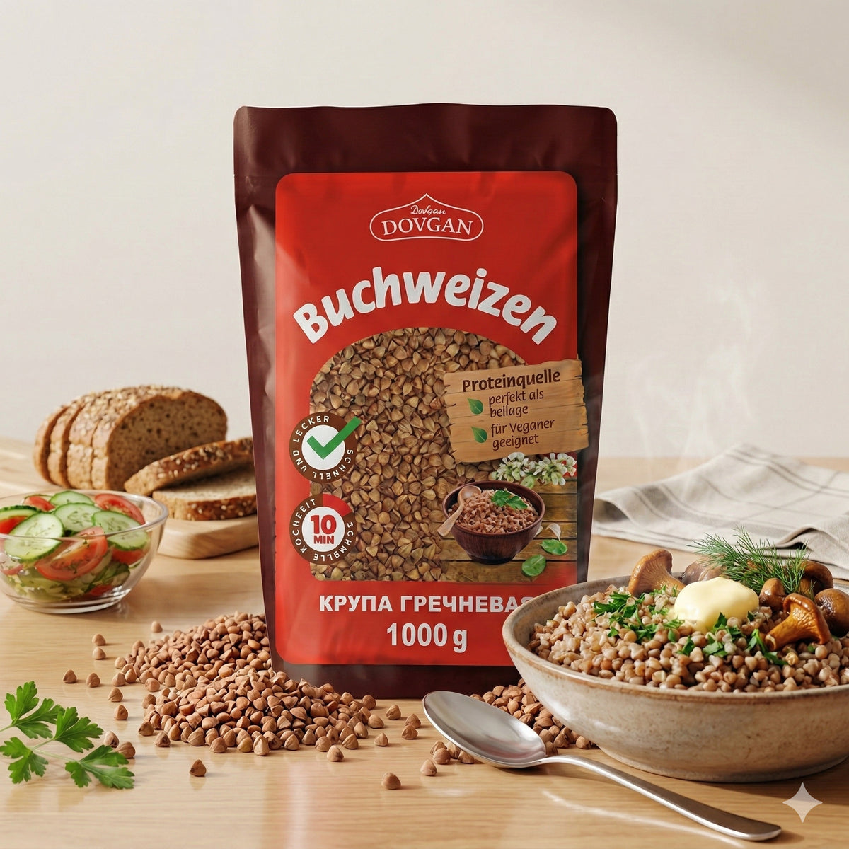 Dovgan Buchweizen in 1kg-Packung, ideal zum Kochen, zeigt die trockenen, braunen Buchweizenkörner auf einem weißen Hintergrund