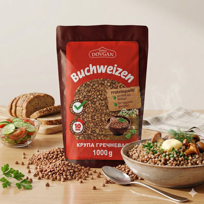 Dovgan Buchweizen in 1kg-Packung, ideal zum Kochen, zeigt die trockenen, braunen Buchweizenkörner auf einem weißen Hintergrund
