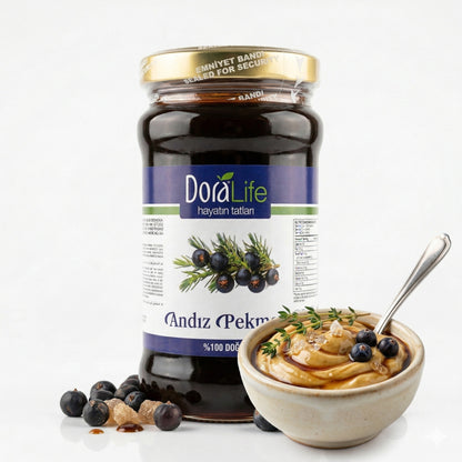 Dora Life Wacholderbeerensirup im Glas, ideal für Frühstück, sichtbar in einem klaren Glas mit Sirupfüllung, 380g.