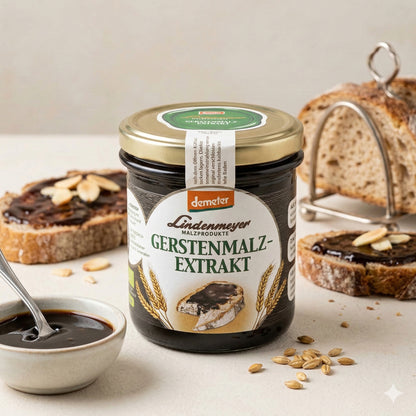 Donath Mühle Gerstenmalzextrakt 400g im Glas, daneben Schale mit Malz, Löffel und Brotscheiben mit Malzaufstrich und Mandeln, im Hintergrund Brotkorb.
