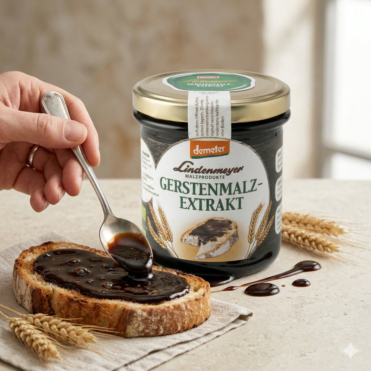 Gerstenmalzextrakt von Donath Mühle 400g, Glas steht neben einer bestrichenen Brotscheibe, Hand verteilt Malz mit Löffel, Ähren als Dekoration.