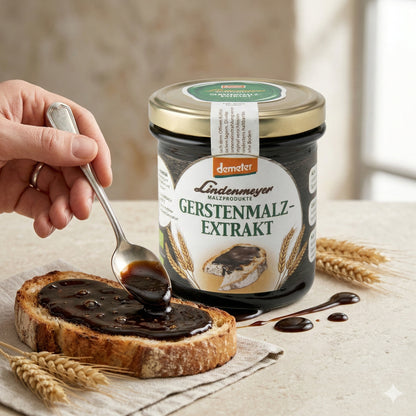 Gerstenmalzextrakt von Donath Mühle 400g, Glas steht neben einer bestrichenen Brotscheibe, Hand verteilt Malz mit Löffel, Ähren als Dekoration.