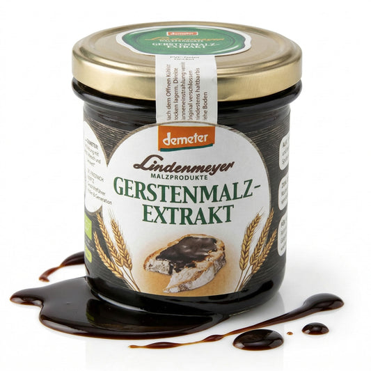 Glas Donath Gerstenmalzextrakt 400g mit ausgelaufener dunkler Malzmasse auf weißem Untergrund, Etikett mit Brot und Ähren sichtbar.