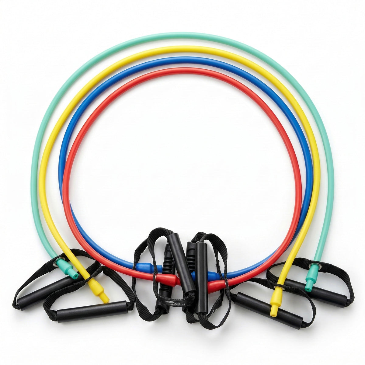Dittmann BodyTube Gymnastikband mit Plastikgriffen in verschiedenen Stärken für Fitness-Übungen, auf weißem Hintergrund.