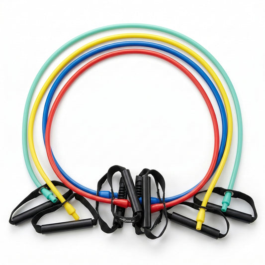 Dittmann BodyTube Gymnastikband mit Plastikgriffen in verschiedenen Stärken für Fitness-Übungen, auf weißem Hintergrund.