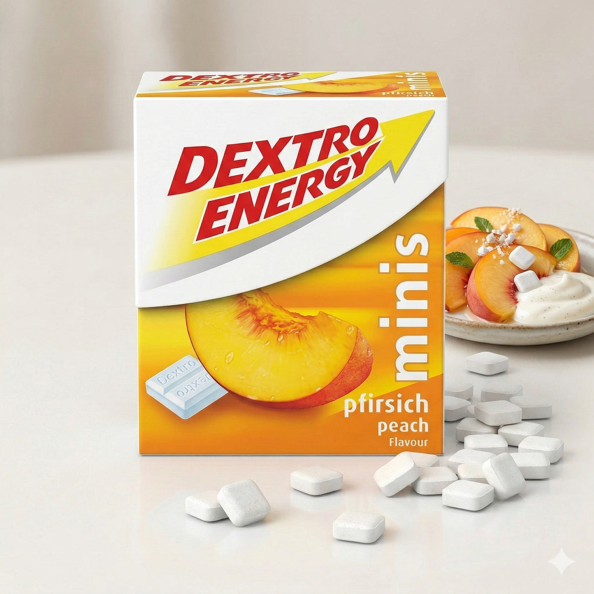 Dextro Energy mini pfirsich geschmack Packung mit verstreuten Traubenzucker-Tabletten, im Hintergrund ein Teller mit Joghurt und Pfirsichspalten.