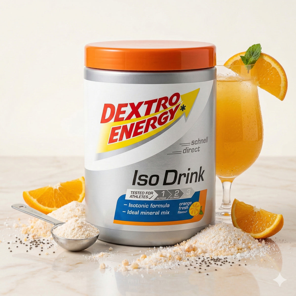 Dextro Energy Iso Drink Mineralien in 440g Dose mit verschiedenen Geschmacksrichtungen, nahe aufgenommen