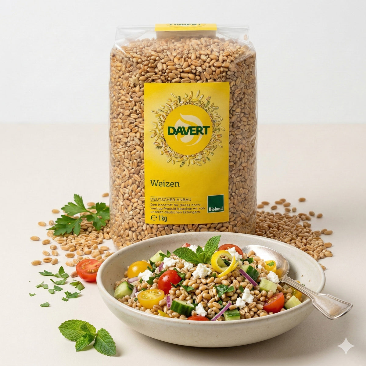 Bio Weizen von Davert, naturbelassenes Getreide für die Küche, ab 1 kg, in einer Verpackung.