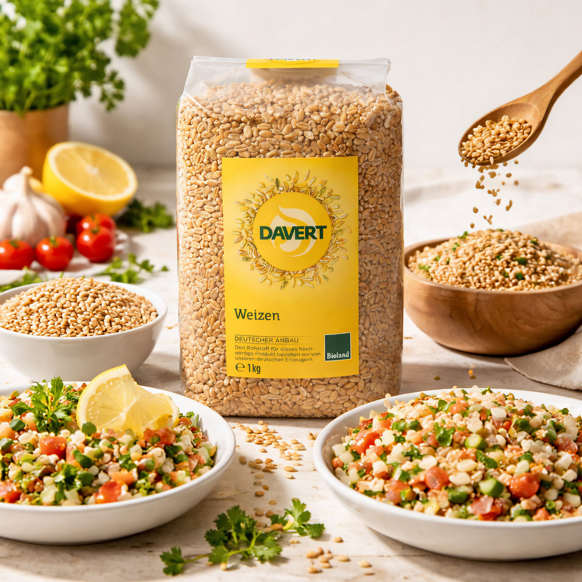 Bio-Weizen von Davert in 1kg-Packung, ideal zum Kochen, zeigt frisches, weizenartiges Getreide in der Verpackung