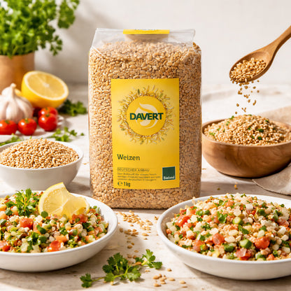 Bio-Weizen von Davert in 1kg-Packung, ideal zum Kochen, zeigt frisches, weizenartiges Getreide in der Verpackung
