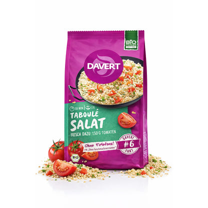 Bio Taboulé Salat von Davert in einer Schale mit frischen Kräutern und Tomaten, ideal zum Kochen und Genießen.