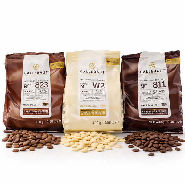Callebaut 811,823,W2 Kuvertüre Callets im Set: Zartbitter-, Milch-, und weiße Schokolade - 3x400g