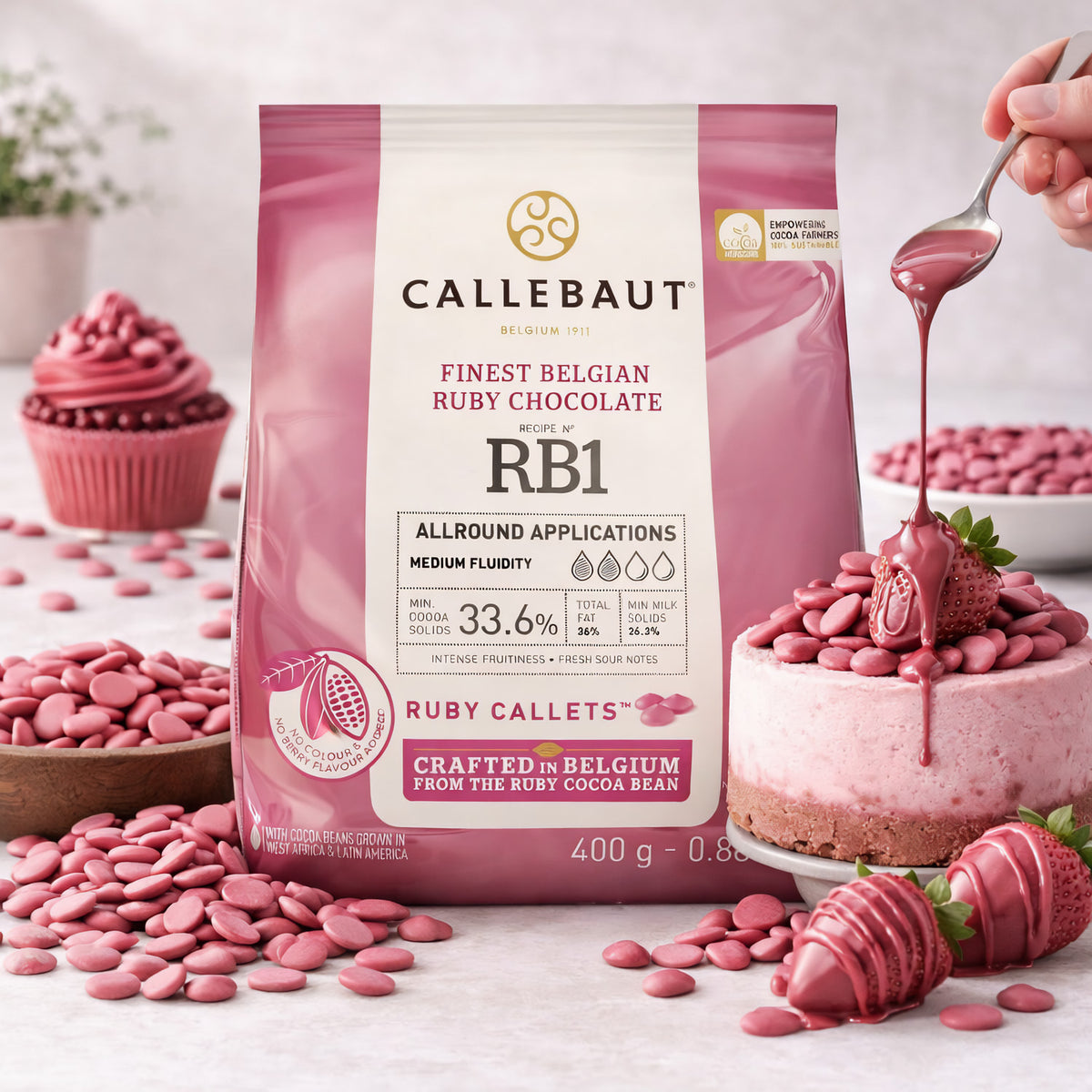 Callebaut Ruby Kuvertüre Callets, Backen, 43,6% Kakao, aus 400g Packung, zart rosa Schokolade für kreative Backrezepte