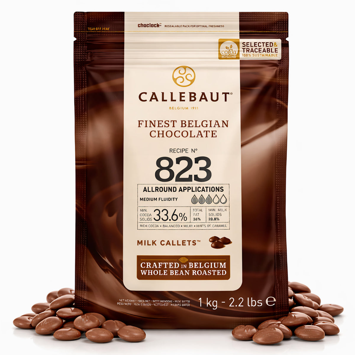 Callebaut Kuvertüre Callets Rezept No. 823 Vollmilchschokolade, 33,6% Kakao, Backen, 1kg Packung, cremige Schokoladenstückchen