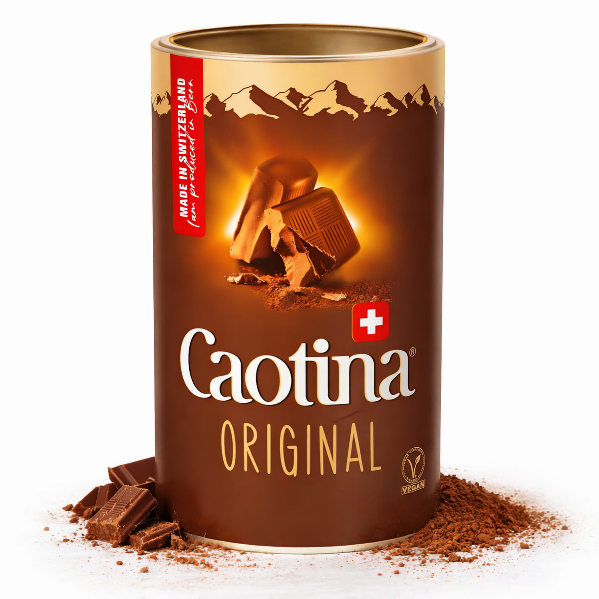 Caotina Original Kakao 200g Dose mit Schokoladenstücken und Kakaopulver auf weißem Hintergrund.