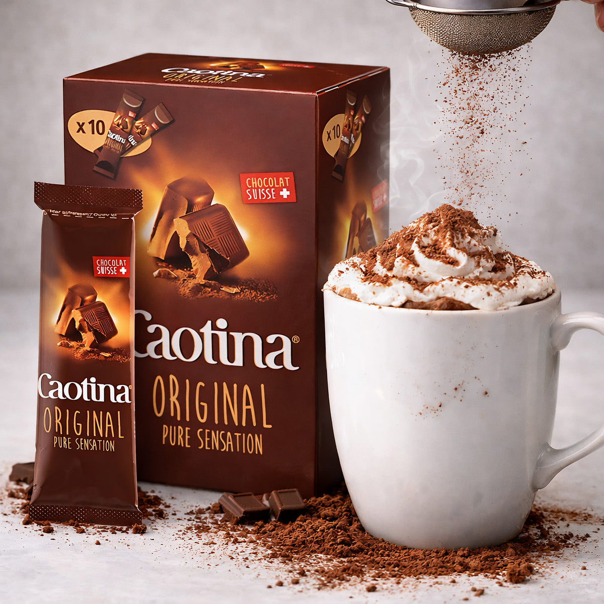Caotina Original Trinkschokolade Sticks mit Schweizer Schokolade, Frühstück, 10x15g, cremige Schokoladengenuss in praktischer Verpackung
