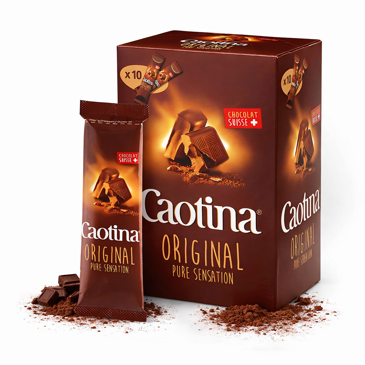 Caotina Original Trinkschokolade Sticks mit Schweizer Schokolade, ideal für Frühstück, ab 10x15g, cremiger Schokoladengenuss.